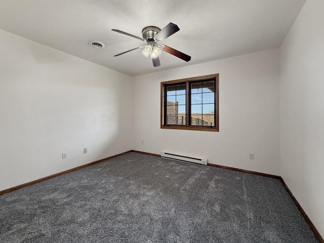 carpeted spare room with visible vents, baseboards, ceiling fan, and a baseboard heating unit