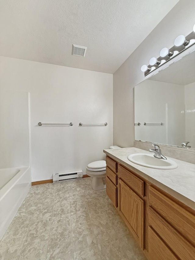 bathroom with a textured ceiling, visible vents, vanity, a baseboard radiator, and toilet