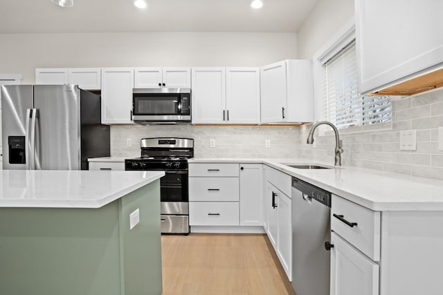 kitchen featuring a sink, appliances with stainless steel finishes, decorative backsplash, and white cabinetry