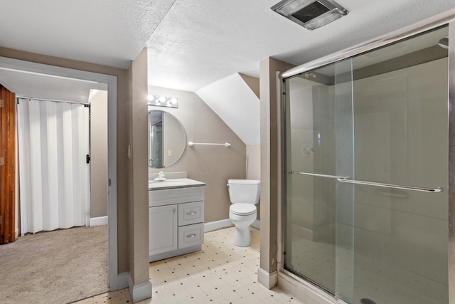 full bath featuring baseboards, visible vents, a shower stall, and vanity