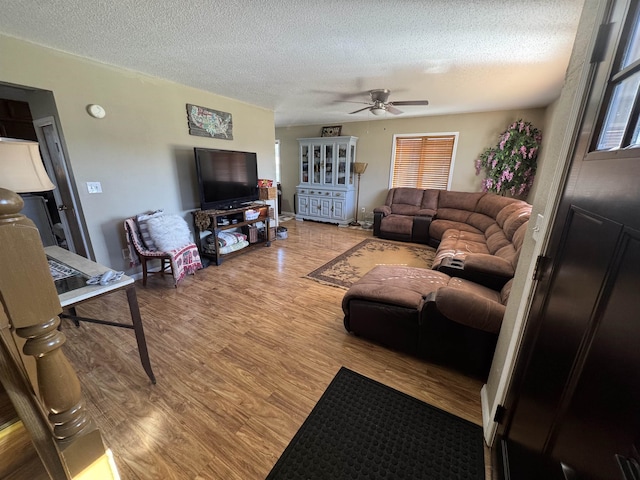 living room with a textured ceiling, ceiling fan, and wood finished floors
