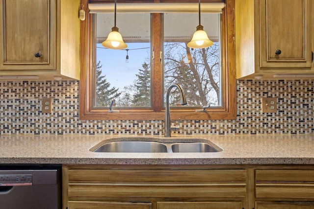9500 135th Ave, Sawyer, ND 58781 - kitchen featuring a sink, decorative backsplash, pendant lighting, and dishwashing machine