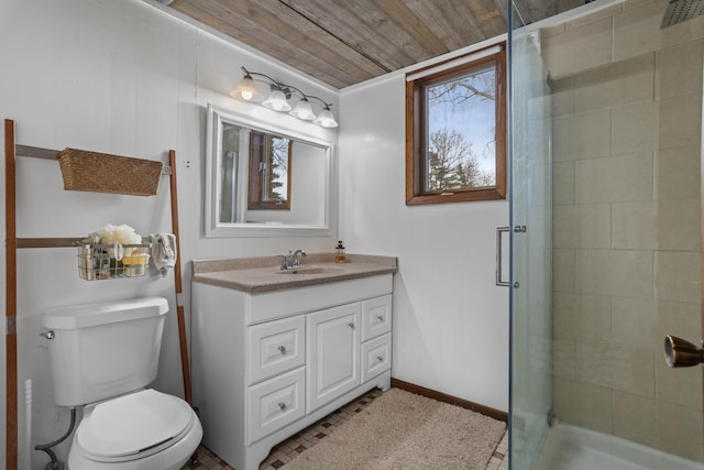 9500 135th Ave, Sawyer, ND 58781 - bathroom with vanity, wooden ceiling, toilet, and a shower stall
