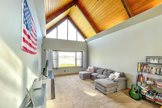 living room featuring carpet, high vaulted ceiling, wooden ceiling, and beamed ceiling