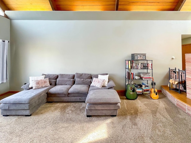 carpeted living room with baseboards, wood ceiling, and lofted ceiling