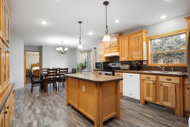 kitchen with under cabinet range hood, a center island, dishwasher, a sink, and electric range