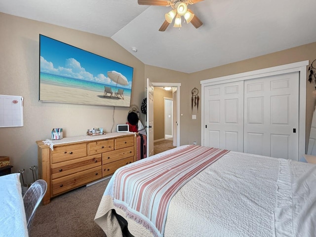 4005 Crossing St, Minot, ND 58701 - carpeted bedroom featuring a closet, a ceiling fan, and lofted ceiling