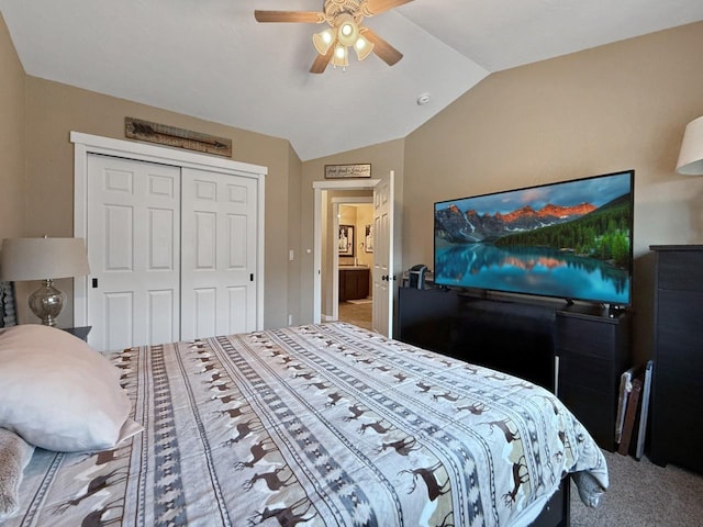 4005 Crossing St, Minot, ND 58701 - bedroom with ceiling fan, lofted ceiling, carpet flooring, and a closet