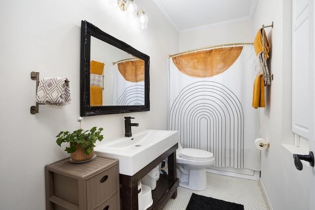 724 3rd Ave, Minot, ND 58703 - full bathroom featuring vanity, ornamental molding, baseboards, and toilet