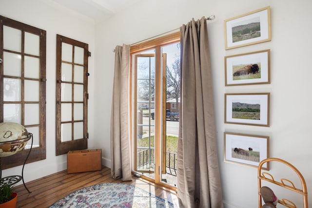 724 3rd Ave, Minot, ND 58703 - doorway to outside featuring baseboards, a healthy amount of sunlight, and wood finished floors