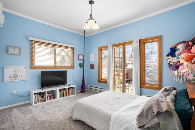 724 3rd Ave, Minot, ND 58703 - carpeted bedroom with baseboards, a baseboard radiator, crown molding, and access to exterior