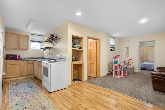 724 3rd Ave, Minot, ND 58703 - kitchen with white appliances, light brown cabinetry, open shelves, and a sink