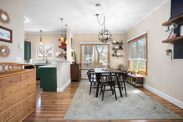 724 3rd Ave, Minot, ND 58703 - dining area featuring dark wood-style flooring, ornamental molding, baseboards, and a chandelier