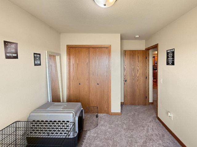 carpeted bedroom with baseboards and a closet