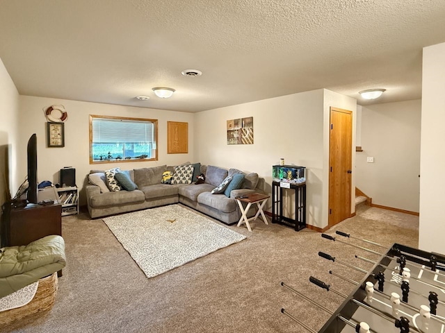 living room featuring stairs, a textured ceiling, visible vents, carpet flooring, and baseboards