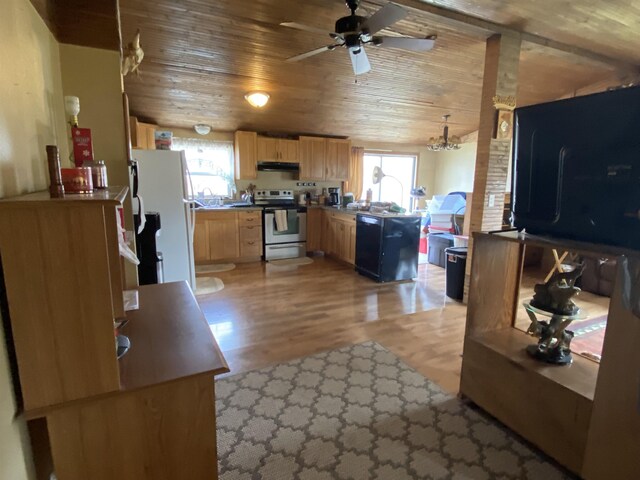 1601 72nd St, Minot, ND 58701 - kitchen with stainless steel electric stove, plenty of natural light, freestanding refrigerator, a peninsula, and wooden ceiling