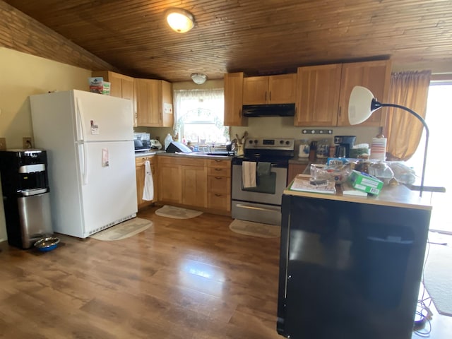 1601 72nd St, Minot, ND 58701 - kitchen with stainless steel range with electric cooktop, under cabinet range hood, freestanding refrigerator, wood ceiling, and dark wood-type flooring