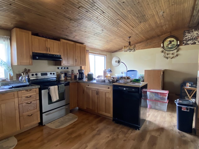 1601 72nd St, Minot, ND 58701 - kitchen with electric range, under cabinet range hood, dishwasher, a peninsula, and dark countertops