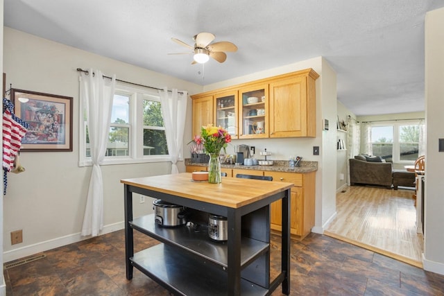 1001 20th St, Minot, ND 58703 - kitchen with wooden counters, ceiling fan, baseboards, glass insert cabinets, and light brown cabinets