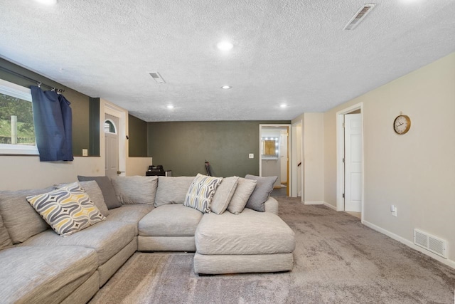 1001 20th St, Minot, ND 58703 - living room with a textured ceiling, carpet floors, baseboards, and recessed lighting