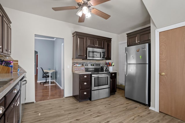 706 E Central Ave, Minot, ND 58701 - kitchen with appliances with stainless steel finishes, dark brown cabinetry, light wood-type flooring, a ceiling fan, and decorative backsplash