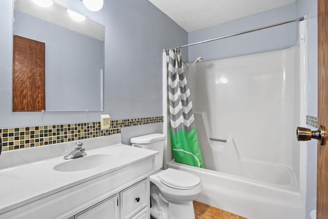 3574 91st St, Mohall, ND 58761 - full bathroom with toilet, shower / bath combination with curtain, vanity, and backsplash
