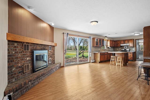 3574 91st St, Mohall, ND 58761 - living room featuring light wood-style floors, a fireplace, baseboard heating, and a textured ceiling