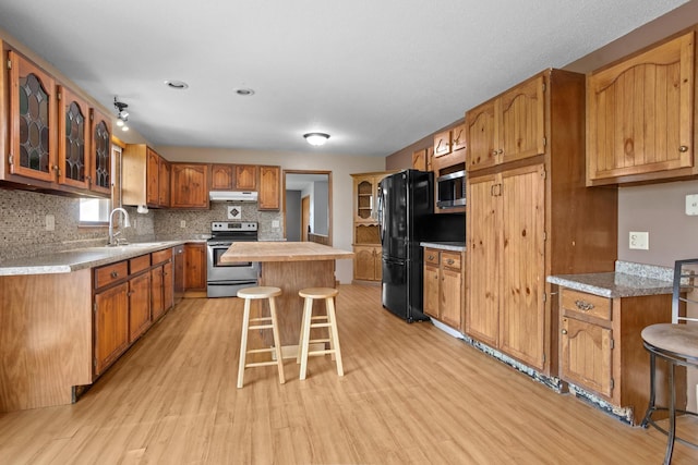 3574 91st St, Mohall, ND 58761 - kitchen featuring stainless steel appliances, a sink, light wood-type flooring, and under cabinet range hood
