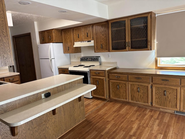2420 8th St Unit 2420, Minot, ND 58703 - kitchen with white appliances, under cabinet range hood, dark wood-type flooring, light countertops, and glass insert cabinets
