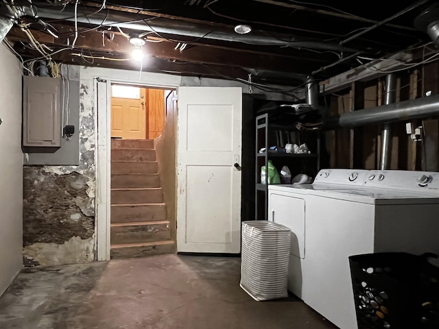 410 6th Ave, Minot, ND 58703 - unfinished basement with washer / clothes dryer, electric panel, and stairs