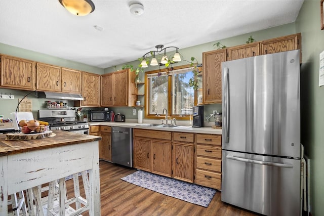 917 17th St Unit 0, Minot, ND 58703 - kitchen featuring appliances with stainless steel finishes, a sink, dark wood-type flooring, and under cabinet range hood