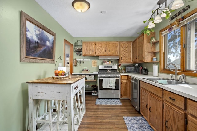 917 17th St Unit 0, Minot, ND 58703 - kitchen with appliances with stainless steel finishes, a sink, dark wood-type flooring, open shelves, and brown cabinets