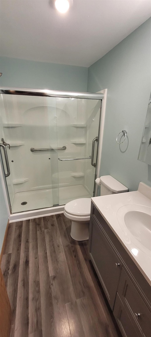 101 Central Ave, Des Lacs, ND 58733 - bathroom featuring wood finished floors, toilet, a stall shower, and vanity