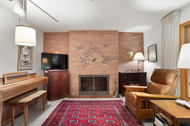 10010 128th St, Burlington, ND 58722 - living area featuring a brick fireplace, light carpet, and brick wall