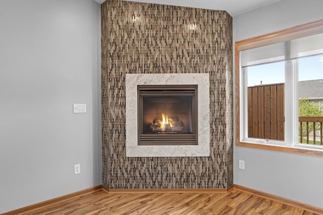 625 34th Ave Unit A, Minot, ND 58701 - detailed view of wood finished floors, baseboards, and a glass covered fireplace
