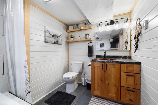1816 7th St, Minot, ND 58703 - full bath with toilet, vanity, a textured ceiling, a shower with shower curtain, and tile patterned floors
