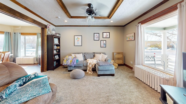 200 E 1st St, Velva, ND 58790 - living area featuring radiator, ornamental molding, light carpet, and a ceiling fan