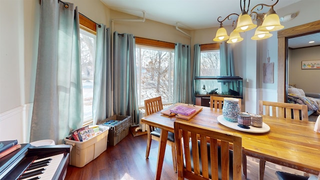 200 E 1st St, Velva, ND 58790 - dining room featuring healthy amount of natural light, a chandelier, dark wood finished floors, and wainscoting