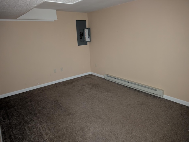 807 NW 8th St, Minot, ND 58703 - empty room featuring a baseboard heating unit, electric panel, dark carpet, and baseboards