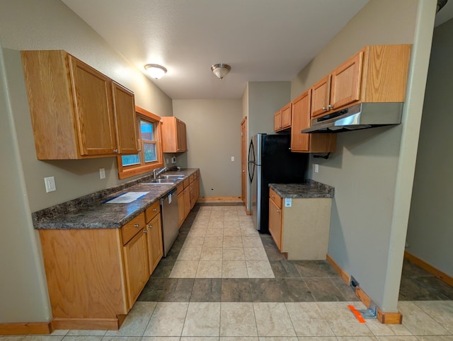 807 NW 8th St, Minot, ND 58703 - kitchen featuring under cabinet range hood, appliances with stainless steel finishes, dark countertops, a sink, and baseboards