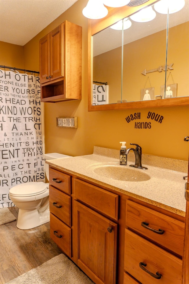 3030 Mustang Trl, Minot, ND 58703 - full bathroom featuring wood finished floors, toilet, vanity, and curtained shower