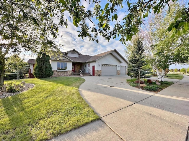 2900 8th St, Minot, ND 58701 - single story home with a garage, a front yard, stone siding, and concrete driveway