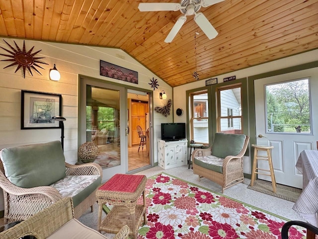 2900 8th St, Minot, ND 58701 - carpeted living room featuring vaulted ceiling, wooden ceiling, and ceiling fan