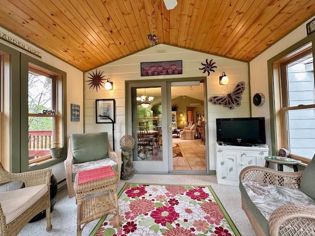 2900 8th St, Minot, ND 58701 - living area featuring vaulted ceiling, a chandelier, wood ceiling, and baseboard heating