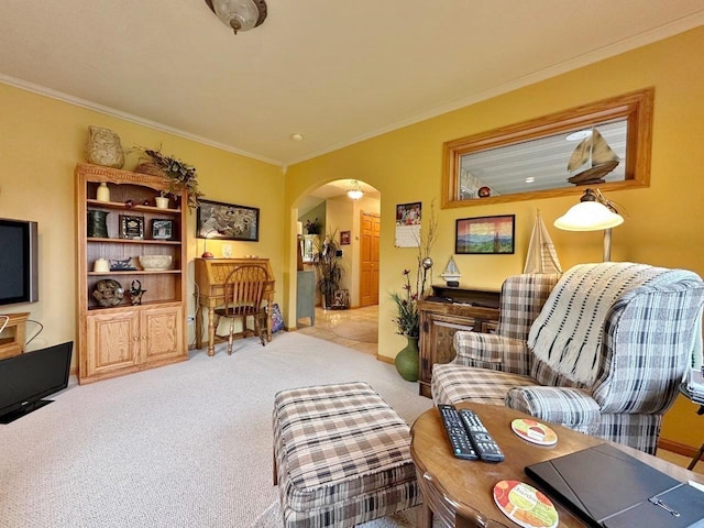 2900 8th St, Minot, ND 58701 - carpeted living area featuring arched walkways and crown molding