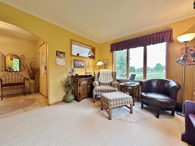 2900 8th St, Minot, ND 58701 - living area with arched walkways, crown molding, carpet floors, and baseboards