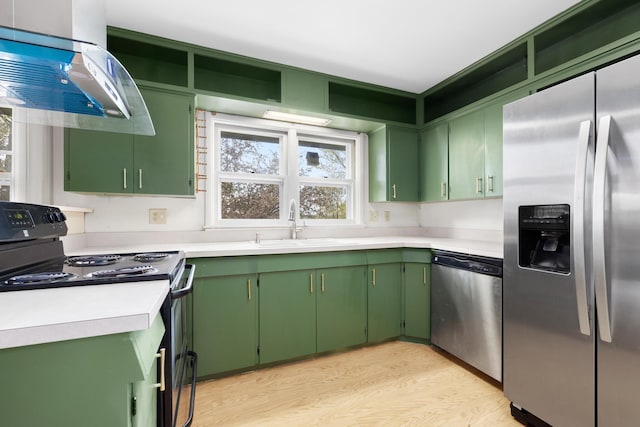 1200 9th St, Minot, ND 58703 - kitchen with appliances with stainless steel finishes, under cabinet range hood, green cabinetry, and light countertops