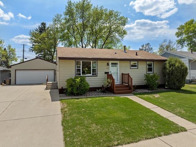 1213 Sunset Blvd, Minot, ND 58703 - ranch-style house with an outbuilding, a garage, and a front lawn