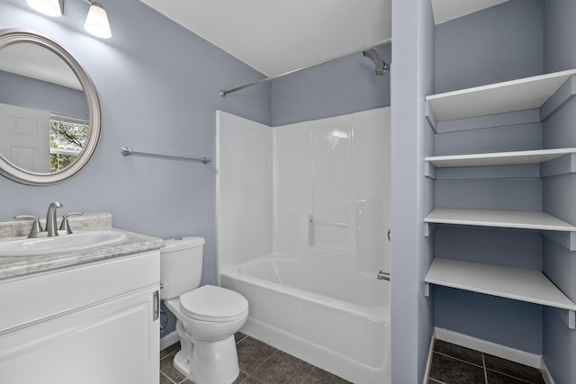 205 17th St, Minot, ND 58703 - bathroom with tile patterned flooring, vanity, toilet, shower / tub combination, and baseboards