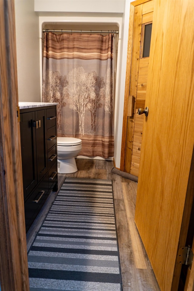 3700 10th Ave, Minot, ND 58701 - bathroom with toilet, vanity, wood finished floors, and curtained shower